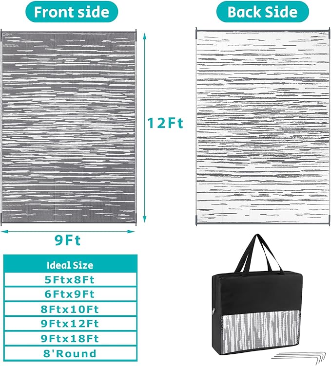 HEBE Outdoor Rug 9'x12' for Patios Clearance Waterproof Patio Mat Plastic Straw Rug Reversible RV Camping Tent Rug Outside Indoor Outdoor Area Rugs for RV,Deck,Beach,Balcony,Camper