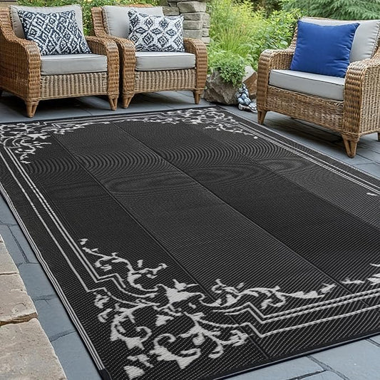 wikiwiki Outdoor Rug, 9x18ft Waterproof Reversible Mat Indoor Outdoor Rugs Carpet, Small Area Rug Plastic Straw Rug for Patio Deck Balcony Pool RV Camping Beach Picnic, Classic Black, Rugscape Series
