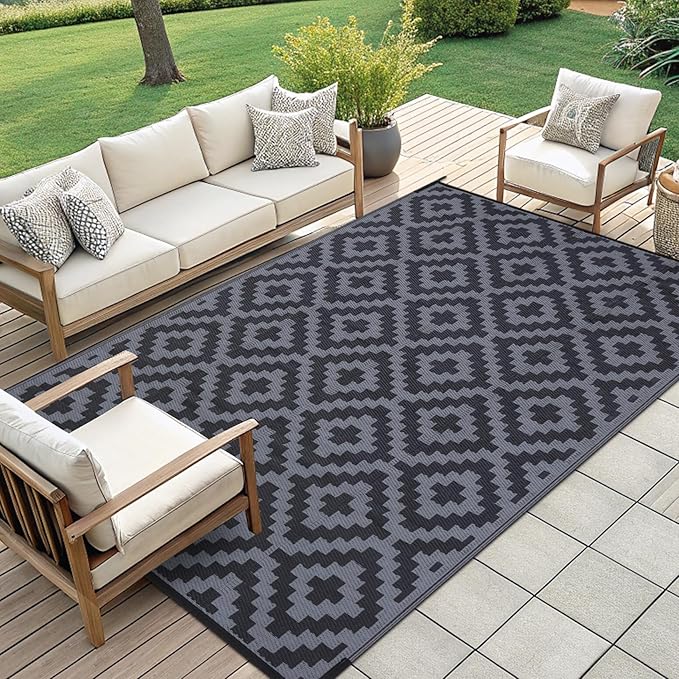 Smiry Waterproof Outdoor Rug 9x12 ft, Reversible Plastic Straw Patio Camping Rugs, Outdoor Indoor RV Mat Carpet for Patio, Outside Entry, Backyard, Deck, Bench, Picnic, Camper, Black & Grey