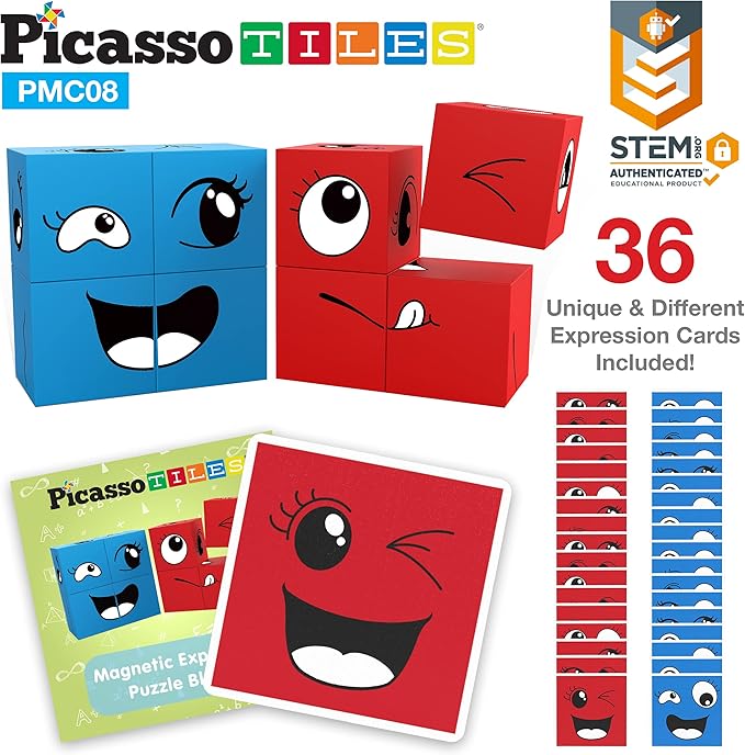 PicassoTiles Magnetic Expression Puzzle Toy Building Block Mix & Match Cubes Cubes Magnet Sensory Toys Pre-School Gifts Educational STEM Learning Kit for Kid, Baby Toddler Age 3 and Up 8 Pieces PMC08
