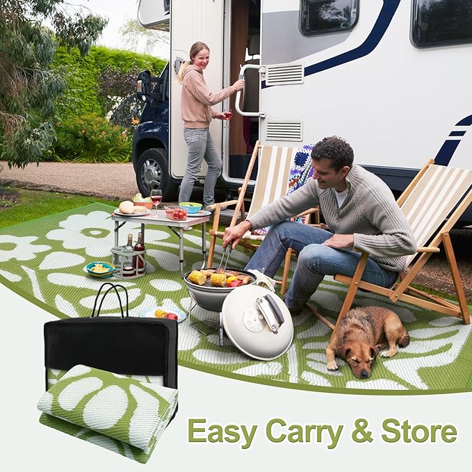 Wonnitar Outdoor Rugs 6x9 Waterproof, Plastic Straw RV Rugs for Outside, Large Portable RV Outdoor Rugs for Camping, Reversible Green Flower Picnic Mat for Camper Garden Tent (Green Flower, 6'x9')