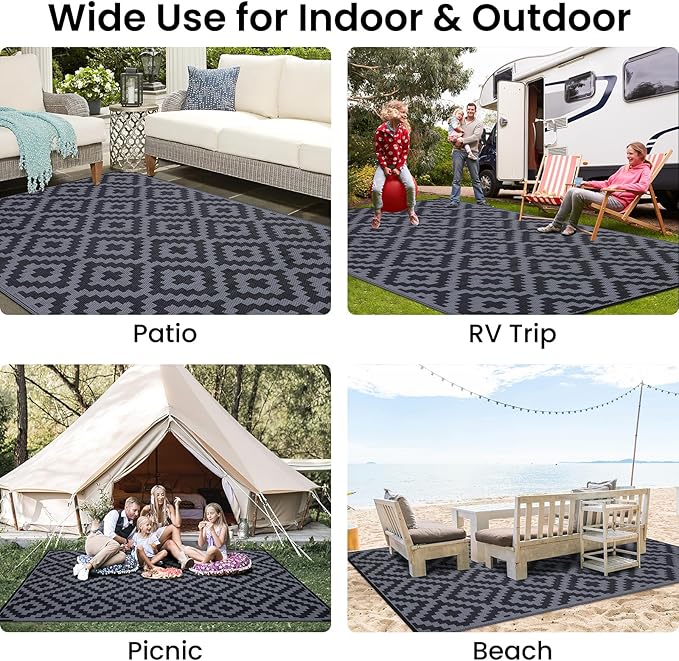 Smiry Waterproof Outdoor Rug 8x10 ft, Reversible Plastic Straw Patio Camping Rugs, Outdoor Indoor RV Mat Carpet for Patio, Outside Entry, Backyard, Deck, Bench, Picnic, Camper, Black & Grey