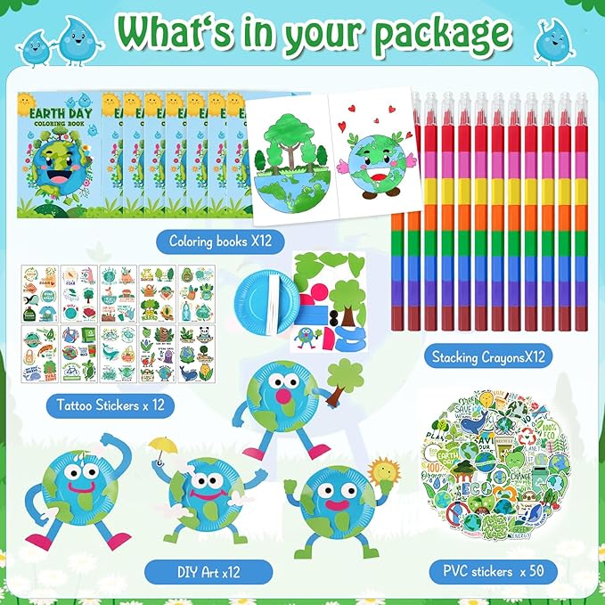Cinrobiye 72 Pcs Earth Day Party Favors Gifts，Save the Planet Coloring Books with Stacking Crayons，Earth Party Crafts DIY Kit，Travel Party Stickers World Environment Day Decorations for Classroom