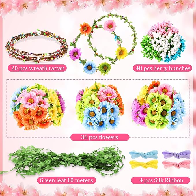 Syhood Daisy Crowns Making Kit, 109 Pieces Parts, Make Your Own Flower Crown Wreath Headbands and Bracelets Craft Kit Hair Accessories Handmade DIY Floral Crown Garland Kit Presents for Girls