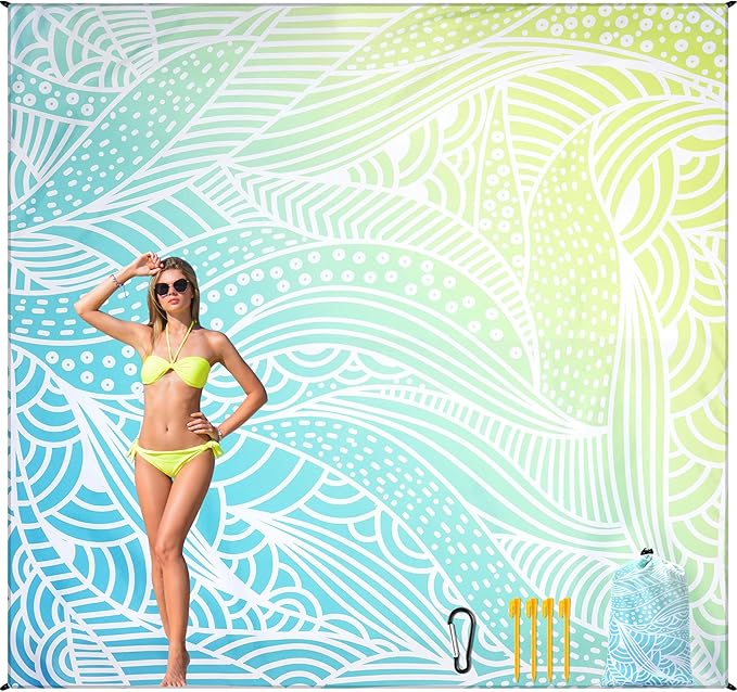 Beach Blanket Waterproof Sandproof Beach Mat for 1-8 Adults Quick Drying Durable Outdoor Picnic Mat for Beach Festival Travel Camping Hiking (Gradiant BL&GN-Ripple, 79"×108"(6 Person))