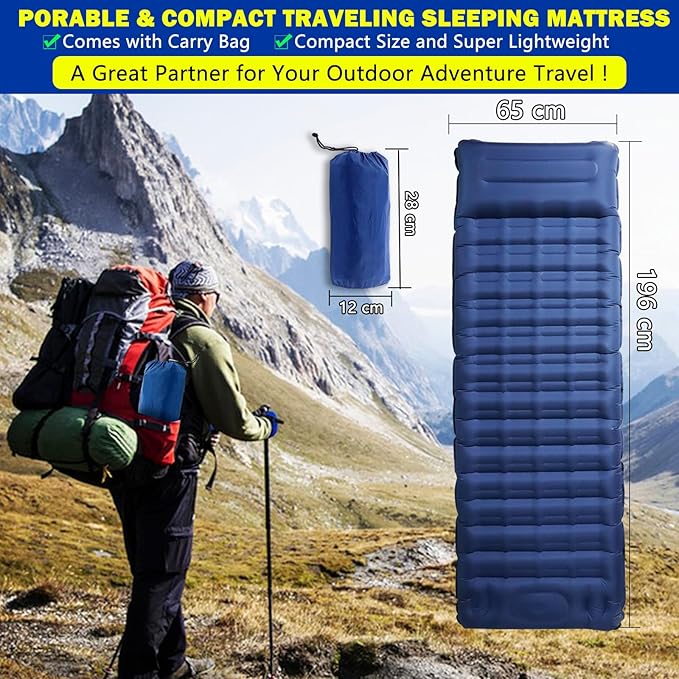 Blue Self Inflating Sleeping Pad, Blue Sleeping Air Mattress with Built-in Foot Pump, 4.7” Single Air Mattress Sleeping Mat Camping Mat Inflatable Sleeping Pad for Camping Hiking Picnic