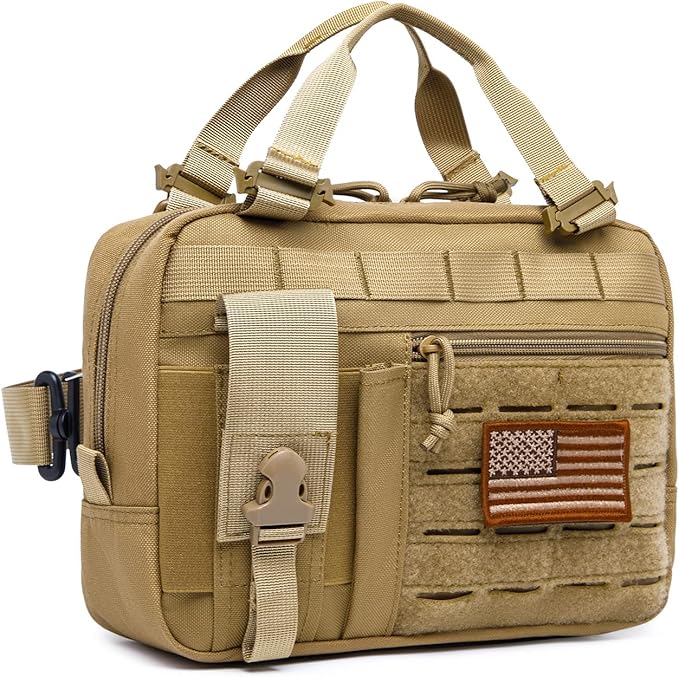 Tactical Molle Admin Pouch of Laser Cut Design,Medical EMT Organizer with Phone Pouch,EDC EMT Pack IFAK Tool Holder with US Patch (Large Brown Include Accessories)