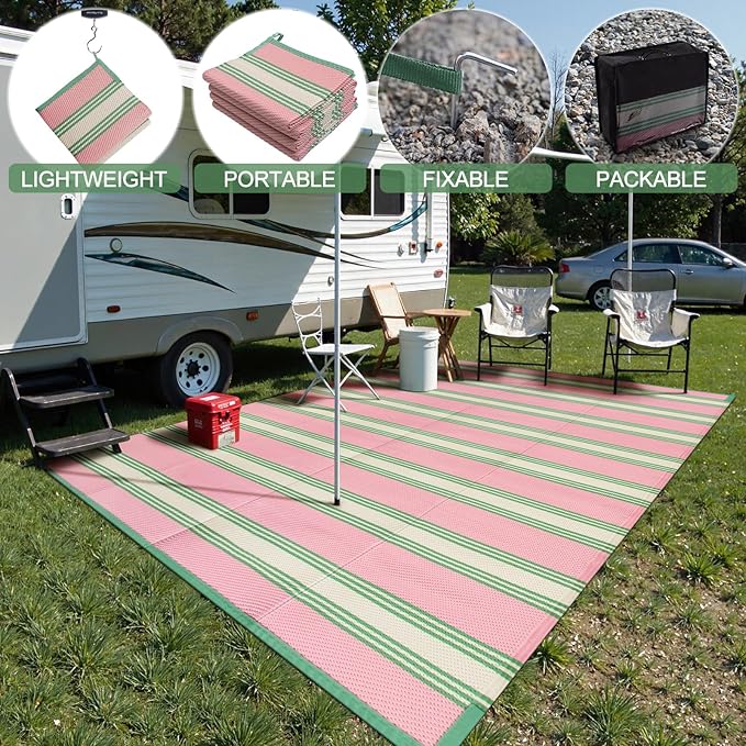 Lahome Striped Outdoor Rug 8x10 Patio Waterproof, Reversible Outdoor Plastic Straw Rug for Camping, RV Patio Rugs Outside Large Carpet for Porch Deck Backyard Picnic(Pink/Green,8'x 10')