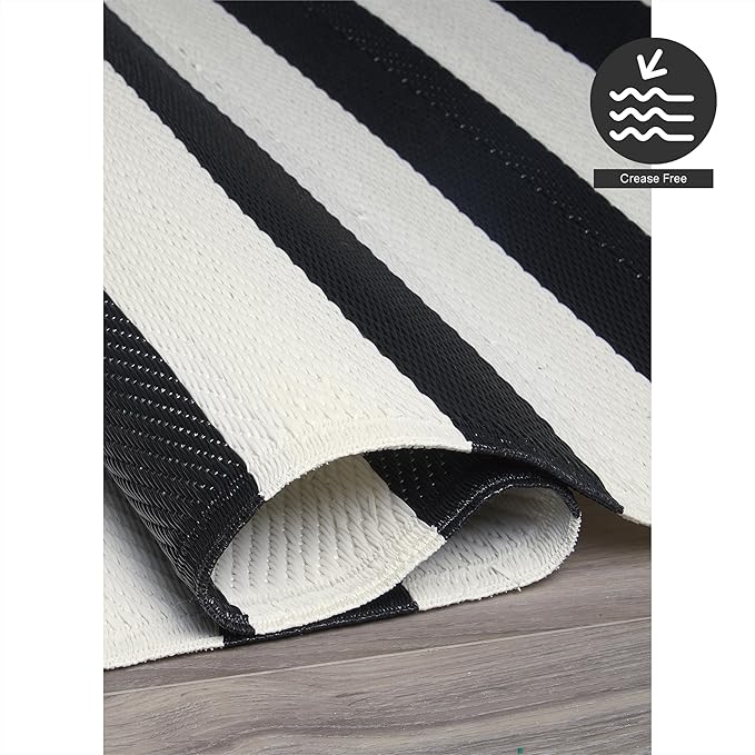 FH Home Outdoor Rug - Waterproof, Fade Resistant, Reversible - Premium Recycled Plastic - Striped - Patio, Deck, Porch, Balcony, Laundry Room - Brittany Stripe - Black & White Crease Free - 4 x 6 ft