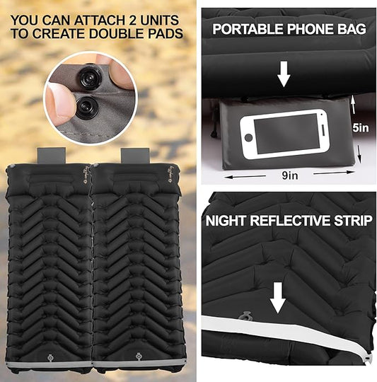 Sleeping Pad with Pillow, Self Inflating Extra-Thick, Ultralight Sleeping Mat, Built-in Pump, Ultimate for Camping, Hiking, Traveling, Airpad, Carry Bag, Compact & Lightweight Air Mattress (Black)