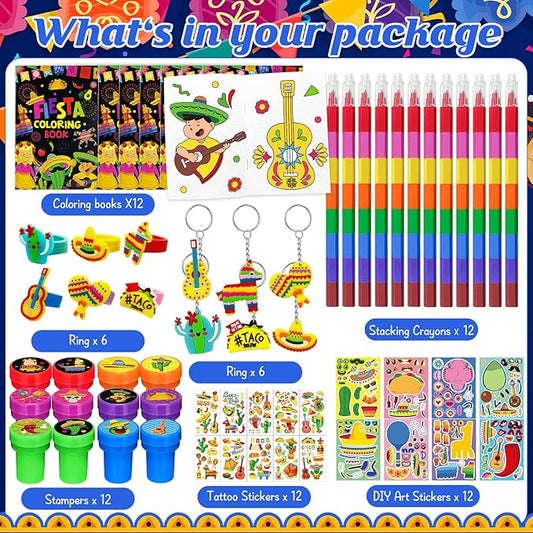 72 Pieces Mexican Party Favors Coloring Books with Crayons Set,Fiesta Party Pinatas Goodie Bag Fillers, Cinco de Mayo Party Supplies Craft DIY Kit Face Stickers Tattoo for Taco Party Day of the Dead