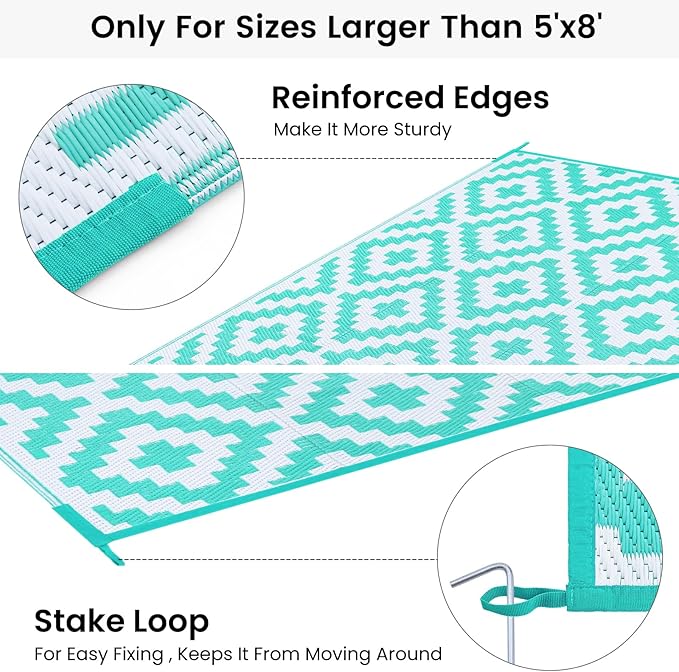 Smiry Waterproof Outdoor Rug 8x10 ft, Reversible Plastic Straw Patio Camping Rugs, Outdoor Indoor RV Mat Carpet for Patio, Outside Entry, Backyard, Deck, Bench, Picnic, Camper, White & Teal