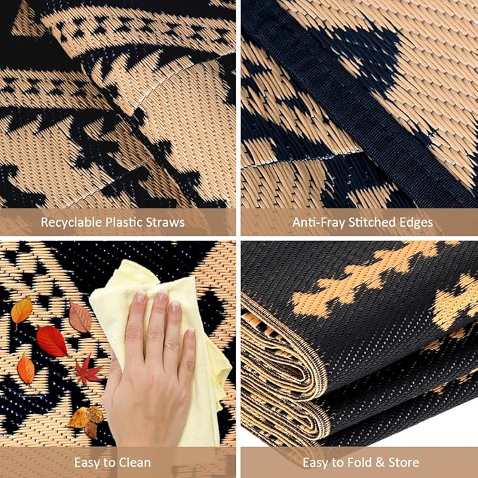 LILIOFFIC Outdoor Rugs for Patio Clearance - 5'x8' Waterproof Reversible Indoor Outdoor Rug Carpet, Portable Outdoor Plastic Straw Rug for RV Camping, Picnic, Beach, Porch, Deck, Black & Brown