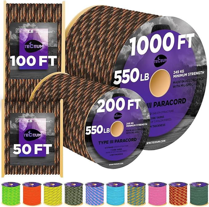 TECEUM Heavy Duty Rope 1000 – 1000ft / 200ft / 100ft / 50ft – 40+ Colors – Utility Rope for Survival & Camping Gear – Nylon String, Camping Rope, para Cord, Utility Nylon Rope, Tent Cord