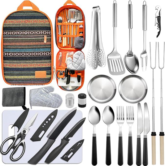Camping Cooking Utensils Set - Camping Utensil Set Car Camping Cooking Essentials Gear for Camp Kitchen Cooking and Grilling, Stainless Steel & Silicone Ideal Gift for RV Tent Camper