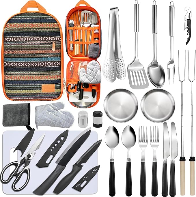 Camping Cooking Utensils Set - Camping Utensil Set Car Camping Cooking Essentials Gear for Camp Kitchen Cooking and Grilling, Stainless Steel & Silicone Ideal Gift for RV Tent Camper