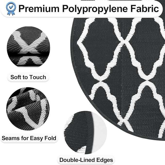 OutdoorLines Indoor Outdoor Rugs for Patio 8 Feet - Reversible Outside Carpet, Stain & UV Resistant Portable RV Mats, Plastic Straw Rug for Camping, Pool Deck, Porch Moroccan/Black & White