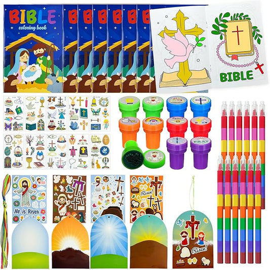 60 Pcs Easter Religious Party Favors,Christian Easter Basket Goodie Bag Stuffers,Easter Coloring Books with Stacking Crayons Bulk, Novelty Prizes DIY Scenes Stickers for Bible School Preschoolers