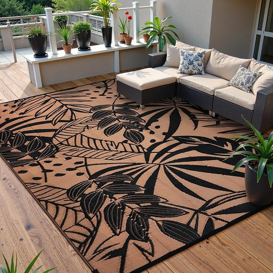 Anidaroel 8x10 Leaf Outdoor Rug for Patios Clearance, Waterproof Camping Rug for Outside RV, Reversible Plastic Straw Outside Area Rugs for Garden, Camper, Picnic, Beach(Black/Brown,8'x10')