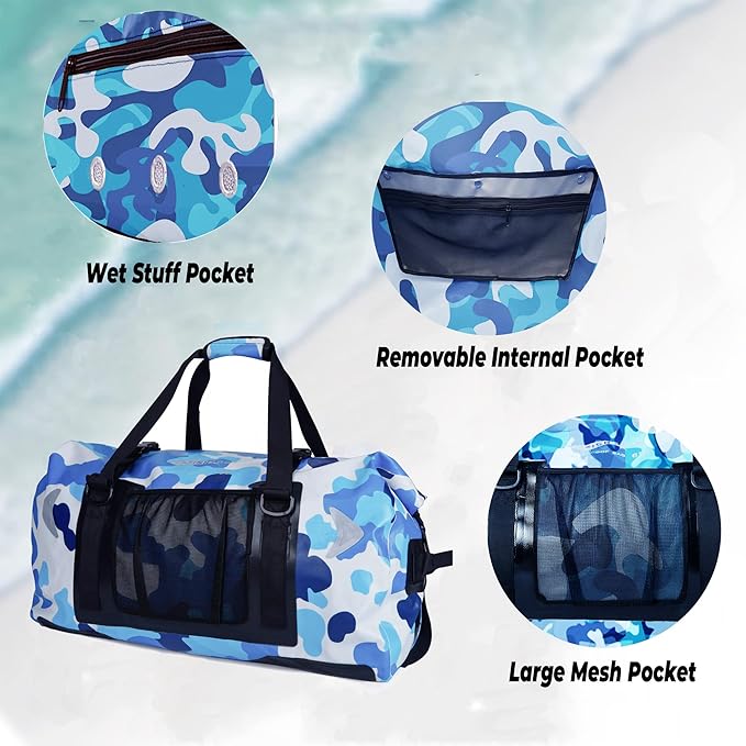 65L Waterproof Duffel Bag for Men and Women - Large Motorcycle Duffle Bag with Straps for Back Seat - Roll Top Dry Bag for Kayaking, Rafting, Boating, Swimming, Beach