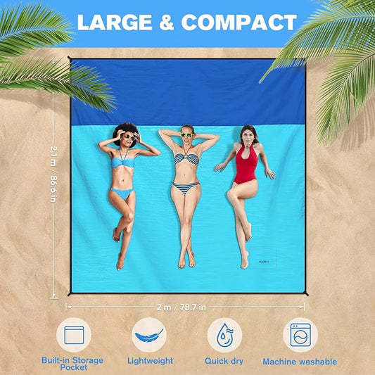 Beach Blanket Waterproof Sandproof Large Beach Mat 79" X 87", Quick Drying Durable Portable Lightweight Outdoor Nylon Picnic Blanket for Travel Camping Hiking, Blue