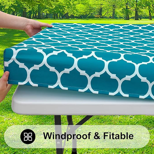 Smiry Rectangle Picnic Table Cover, Waterproof Elastic Fitted Camping Tablecloths for 4 Foot Tables, Wipeable Flannel Backed Vinyl Tablecloth Protector for Indoor, Outdoor (Turquoise, 24x48 Inches)