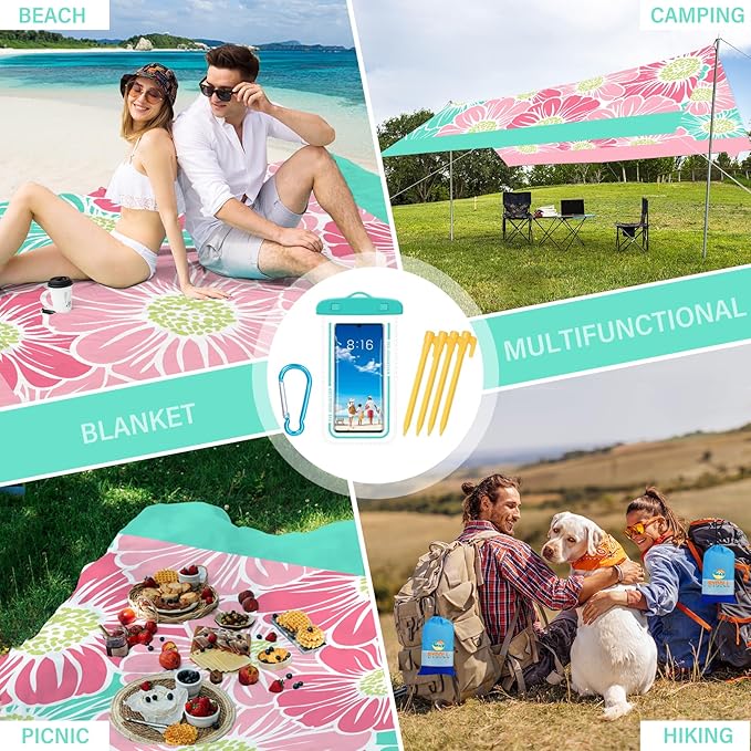 BYDOLL Beach Blanket Waterproof Sandproof 78''×81'' Suits1-4 Adults Compact Lightweight Oversized Sand-Free Blanket Large Picnic Mat for Beach Travel Camping Hiking