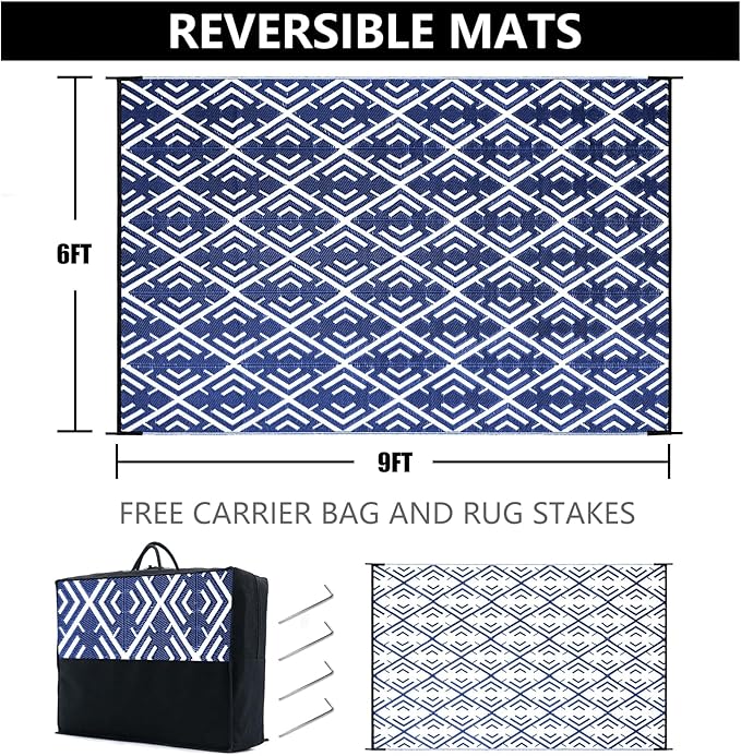 Outdoor Plastic Straw Rug, Waterproof Outdoor Rugs for Patios Clearance, Reversible Area Rug, Large Outside Carpet for Camping, Balcony, RV, Deck, Picnic, Beach (6x9ft Boho/Blue&White)