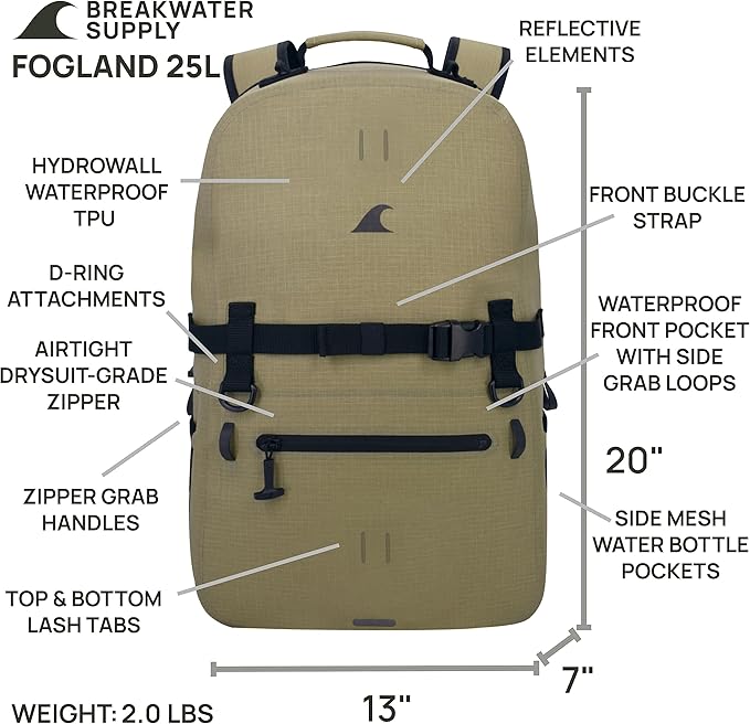 Breakwater Supply™ 100% Waterproof Submersible Backpack, Laptop Bag, Airtight Zippers | Travel Outdoors | Fogland 25L 20L 15L
