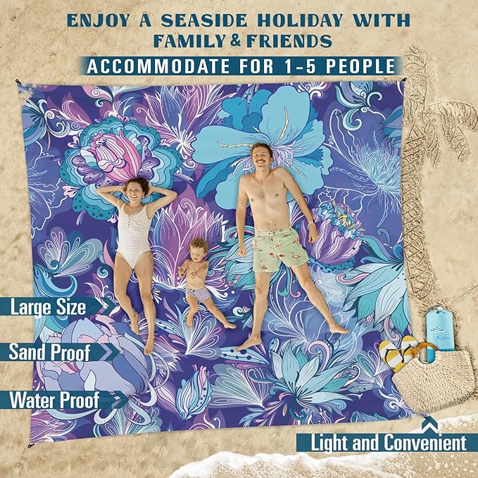 Beach Blanket Sandproof Waterproof 78''×81''1-5Adults Oversized,Compact Lightweight Durable Beach Mat for Travel Camping Hiking Picnic Blanket