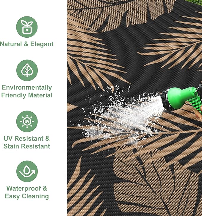Outdoor Rug 9' x 12' for Patio Waterproof Clearance, Reversible Indoor Outdoor Plastic Straw Camping Rug Carpet, RV Mat, Large Area Rug for Deck, Backyard, Balcony, Porch, Beach,Black and Brown