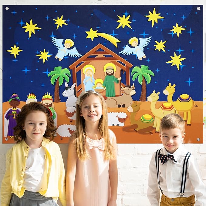 Batiyeer Nativity Felt Story Board for Toddlers 31 Pcs Birth of Jesus Felt Figure Felt Board Story Sets Interactive Felt Board for Kids Felt Story Board Pieces for Kids Classroom Activity Christmas