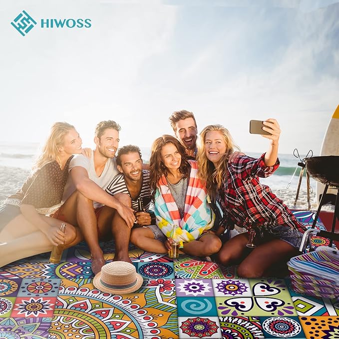 Beach Blanket Waterproof Sandproof Oversized 95”x 80”,Sand Free Beach Mat with Corner Pockets,Portable Mesh Bag for Beach Festival,Picnic,Travel and Outdoor Camping (Moroccan Myst)