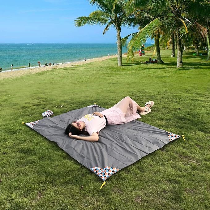Outdoor Blanket (71" x 55") -Compact, Lightweight, Sand Proof Pocket Blanket Best Mat for The Beach, Hiking, Travel, Camping, Festivals with Pockets, Loops, Stakes, Carabiner