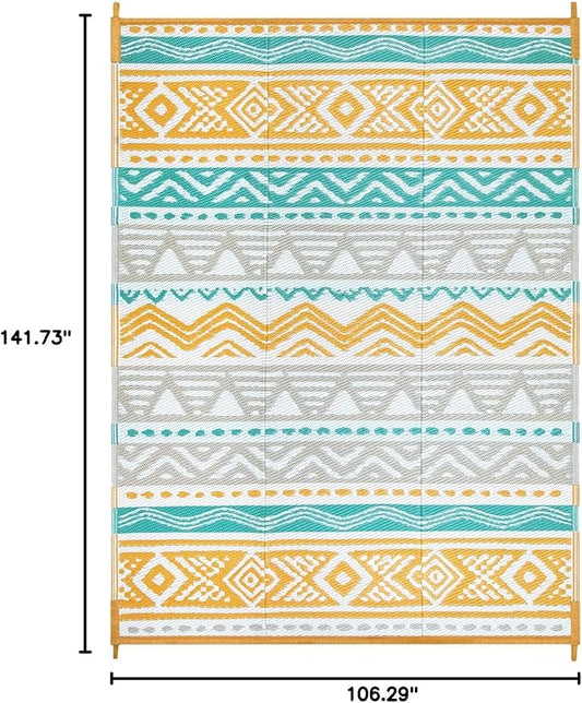 Lahome Waterproof Outdoor Rug 9x12, Reversible Outdoor Plastic Straw Rug for Patio, RV Camping Rugs Picnic Mat Outside, Large Outdoor Carpet for Beach Deck Backyard(Blue/Yellow,9'x 12')