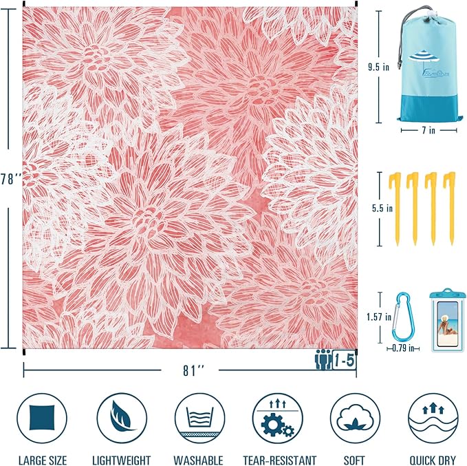 Beach Blanket Sandproof Waterproof 78''×81''1-5 Adults Oversized,Compact Lightweight Durable Beach Mat for Travel Camping Hiking Picnic Blanket