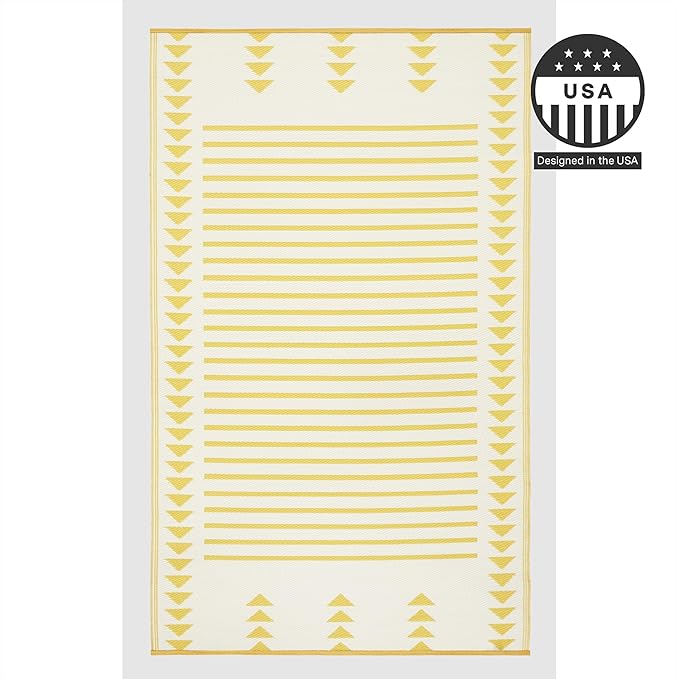 FH Home Outdoor Rug - Waterproof, Fade Resistant, Crease-Free - Premium Recycled Plastic - Geometric - Patio, Porch, Deck, Balcony - Hampton Stripe - Yellow Crease Free - 5 x 8 ft