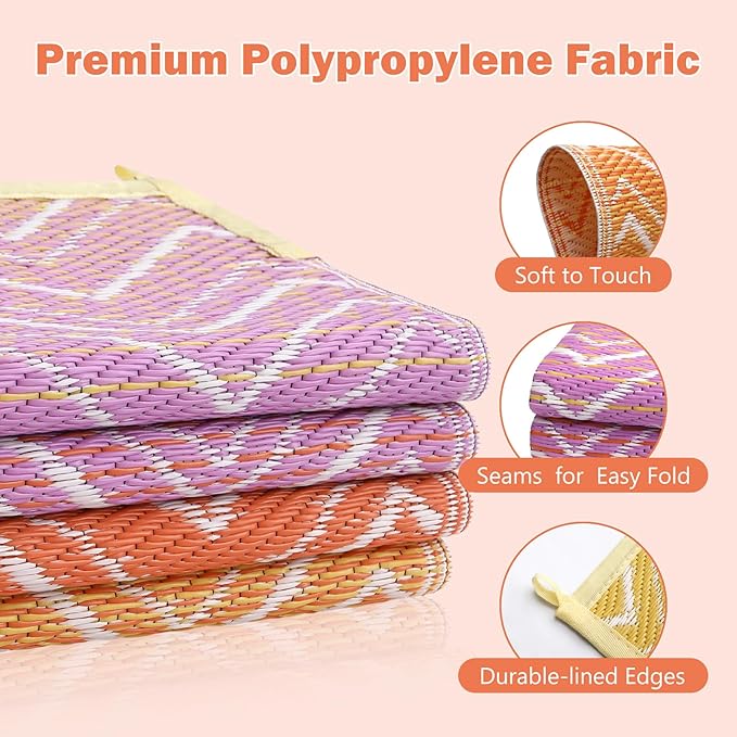 Lahome Colorful Outdoor Plastic Straw Rug, Reversible Outdoor Area Rug Waterproof 6x9 Patio Rugs, Camping Rugs for RV Backyard Deck Porch Picnic Beach Trailer (Orange/Purple, 6' x 9')