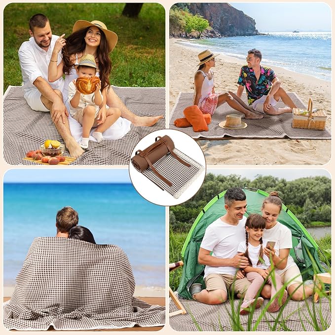 Waterproof Picnic Blankets Outdoor Blanket Foldable 2 in 1 Double Layer Sandproof Beach Mat with Carry Strap for Camping Lawn Park Beach Grass(Coffee White,59 x 79 Inches)