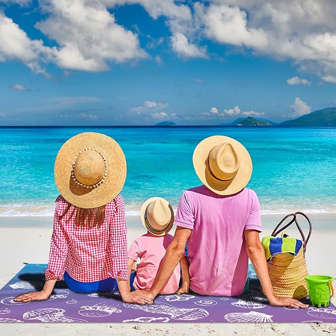 Beach Blanket Waterproof Sandproof Large Beach Mat 83" X 106" for 3-5 Adults Sand Free Mat Quick Drying,Lightweight & Durable with 4 Stakes & 4 Corner Pockets for Beach Camping .(Purple)