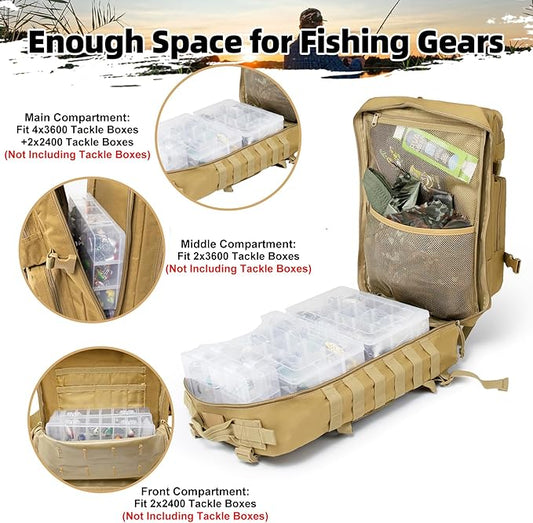 45l Large Fishing Tackle Backpack with Removable Plier Holder & Rod Holders, Khaki Tactical Bag, Fishing Gear and Tackle Box Organizer, Hiking Rucksack without Tackle Box
