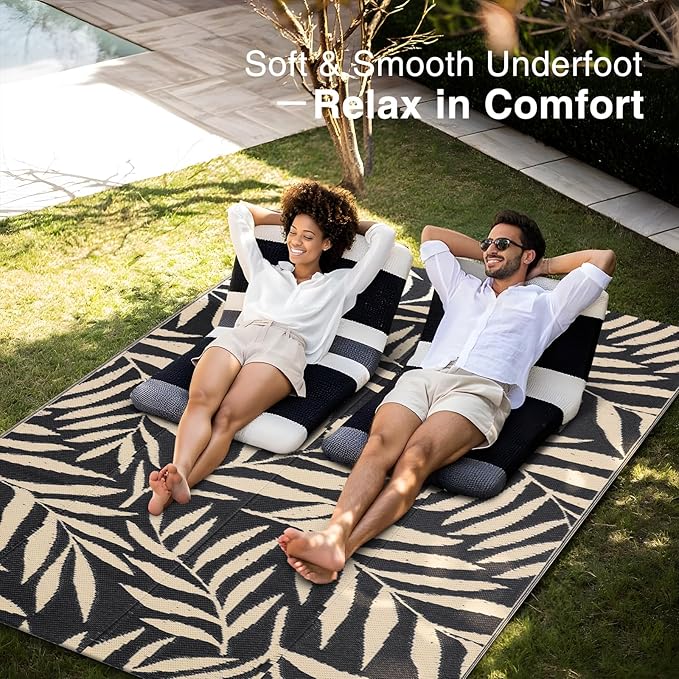 OLANLY Waterproof Outdoor Rug 5x8 ft, Reversible Outdoor Plastic Straw Rug with Leaf Pattern, RV Mat, Indoor Outdoor Carpet for Patio, Camping, Balcony, Deck, Backyard, Black & Beige