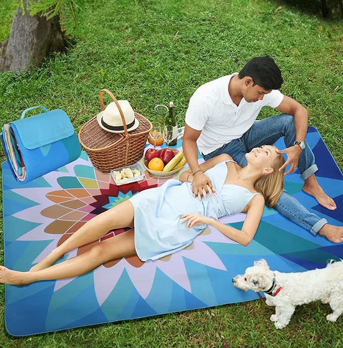 scuddles Picnic Blankets Dual Layers Picnic Blanket Outdoor Water-Resistant Handy Mat Tote Spring Summer Camping Blanket Great for The Beach