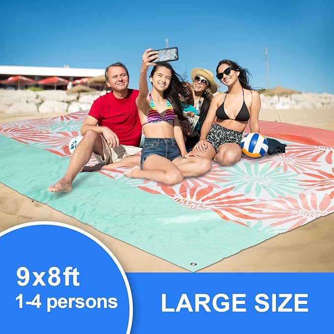 Mooreeke Beach Blanket Extra Large Oversized 9 x 8 ft, Colorful Flowers Sandproof Waterproof Quick Drying Lightweight Compact Outdoor Blanket Beach Mat for Family Travel Camping Picnic, 1-8 Adults