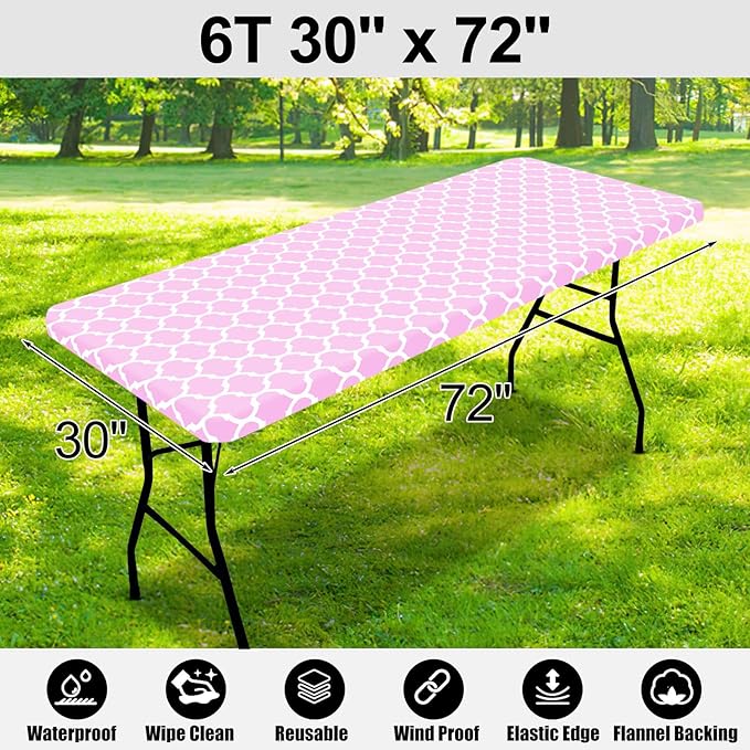 Smiry Rectangle Picnic Table Cover, Waterproof Elastic Fitted Camping Tablecloths for 6 Foot Tables, Wipeable Flannel Backed Vinyl Tablecloth Protector for Indoor, Outdoor (Pink, 30x72 Inches)