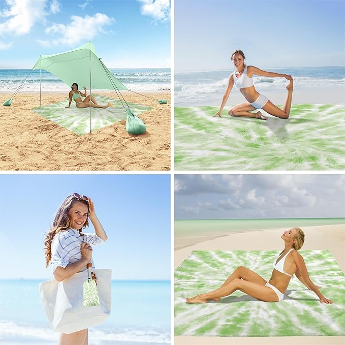 Green Tie-Dye Beach Blanket Sandproof, Large 78"×86" Beach Mat Sand Free Waterproof Fits Up to 4 Adult, Compact Quick Dry Polyester Outdoor Picnic Blanket with Stakes for Travel, Camping, Hiking