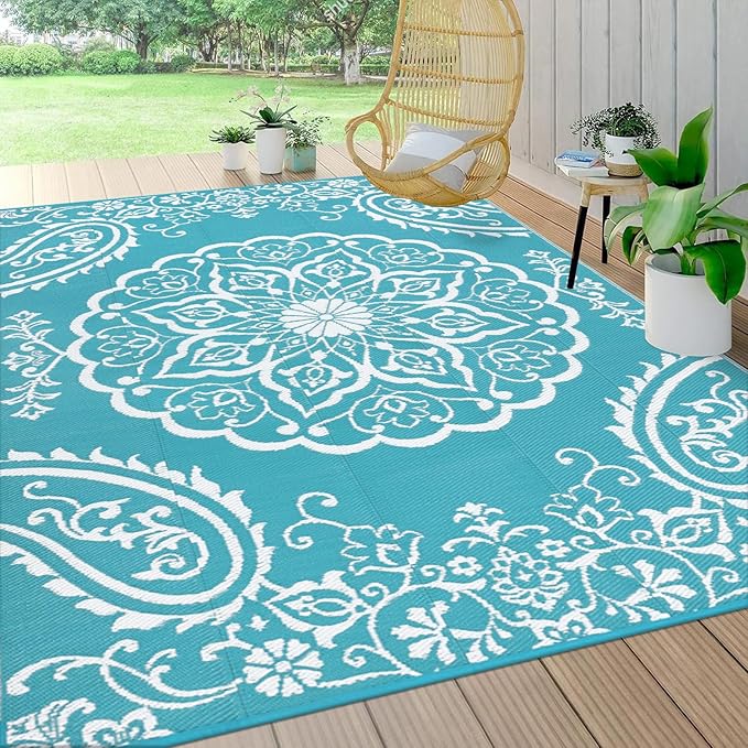 Pauwer Waterproof Outdoor Rug 10x14, Reversible Plastic Straw Patio Camping Rug, Indoor Outdoor RV Mat Carpet for Deck, Camper, Porch, Balcony, Backyard, Picnic, Boho Teal