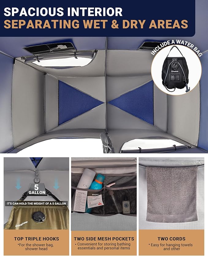 KingCamp Camping Shower Tent, Portable Outdoor Privacy Toilet & Changing Tent Windproof & Waterproof Easy Setup 1 or 2 Room Shelter with Shower Bag for Camping Hiking Beach