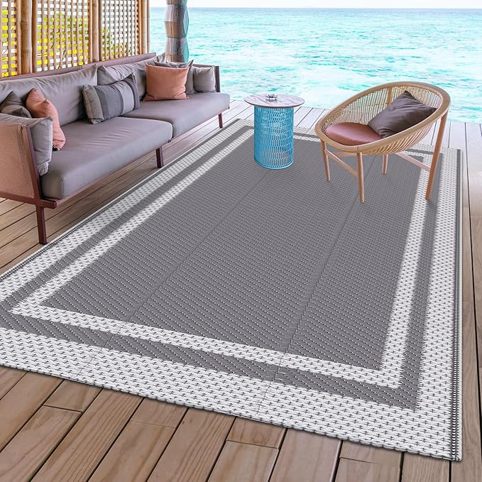 HappyTrends,Outdoor Rug,Patio Rug,Reversible Portable Outdoor Plastic Straw Rug,Camping Rugs for Outside RV,Large Waterproof Area Rugs for Patio,Deck,Picnic,Porch,Balcony(4'x 6',White&Gray)
