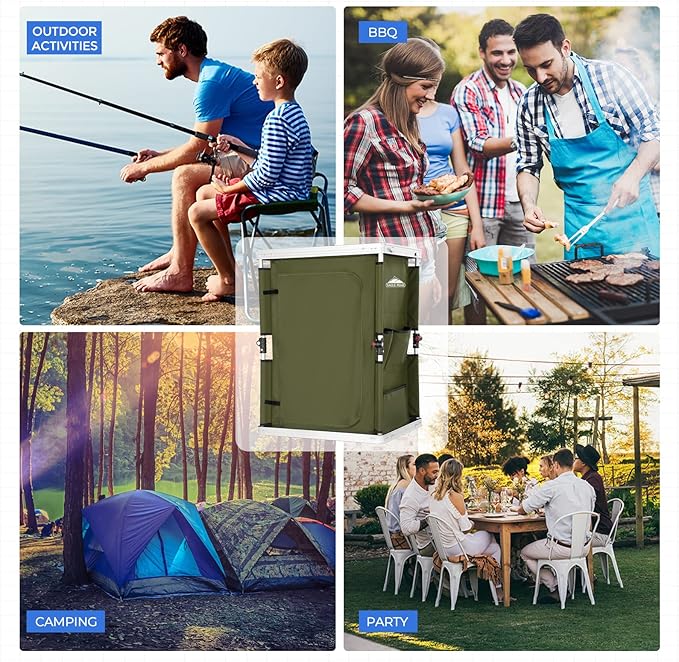 EAGLE PEAK Outdoor Folding Camping Table with Large 3-Tier Storage Organizer and Side Pockets, Easy Set Up Portable Aluminum Camping Kitchen, Green